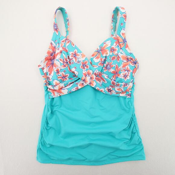 Lands End Tankini Top Blue Coral Floral Twist Front Ruched Built In Bra Size 2 - Picture 1 of 8